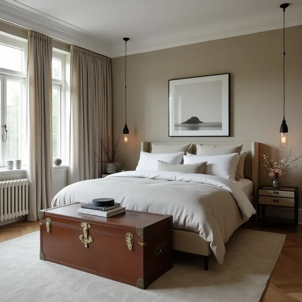 a photo of a stylish bedroom blending a vintage trunk at the foot of a modern bed