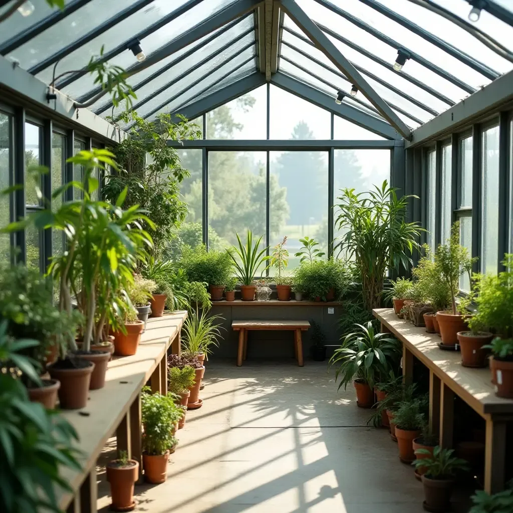 a photo of a basement greenhouse with minimalist plant displays