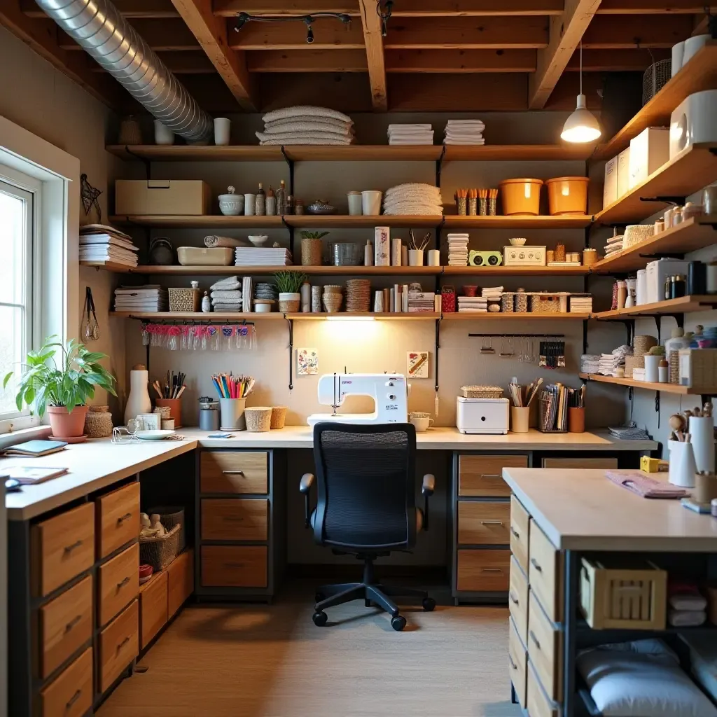 a photo of a basement sewing room with organized fabrics and tools