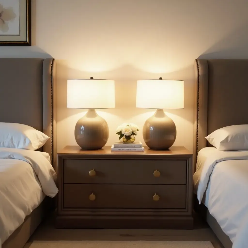 a photo of a stylish nightstand with chic lamps and decor