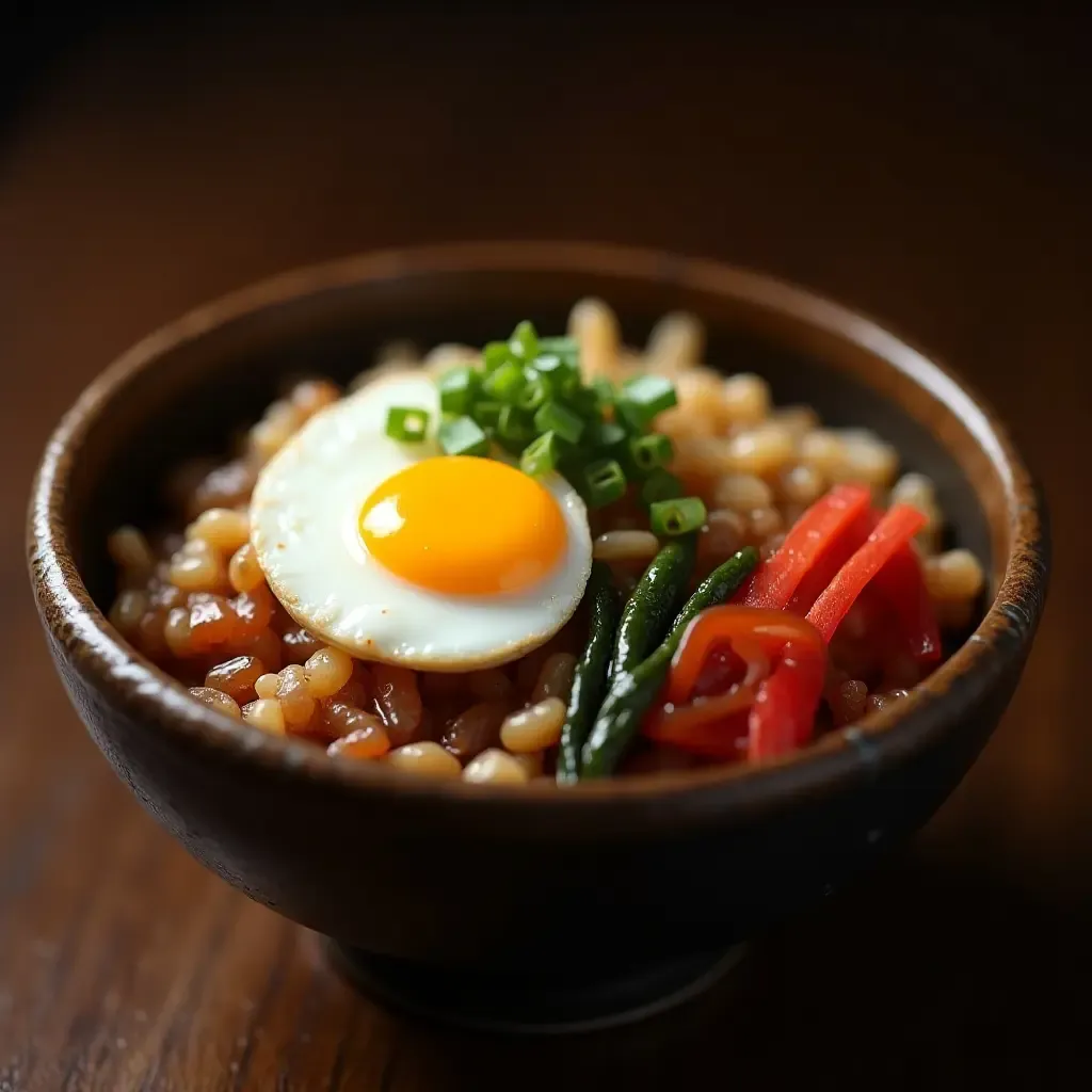 a photo of a comforting bowl of zosui with rice, egg, and vegetables in a rustic bowl.