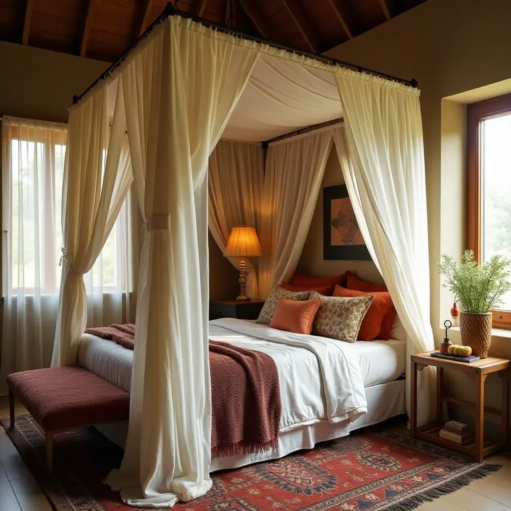 a photo of a bohemian-style bedroom featuring a canopy bed with flowing fabrics