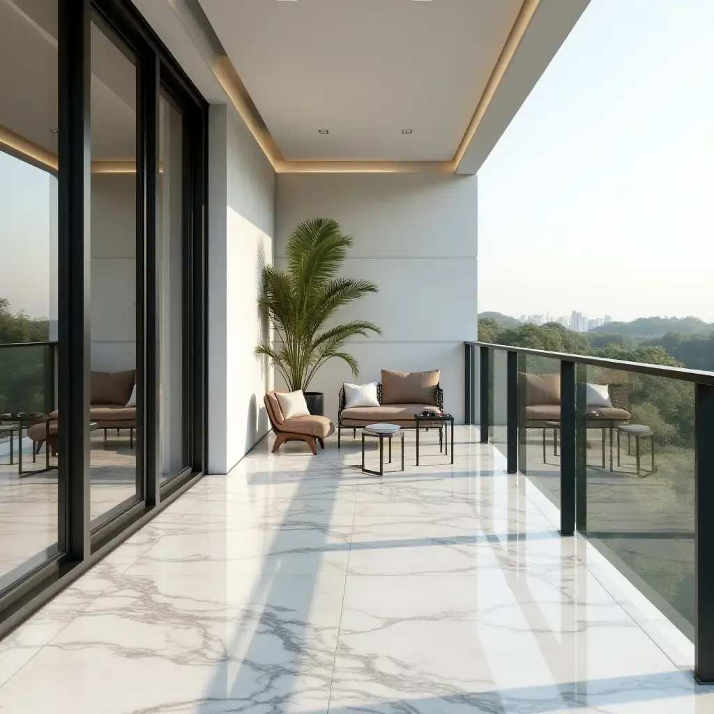 a photo of a chic balcony featuring marble flooring and stylish outdoor furniture