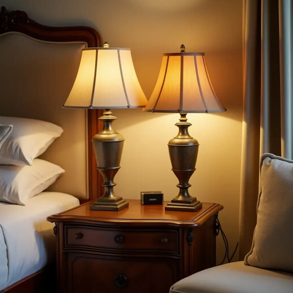 a photo of a charming bedside table with antique lamps