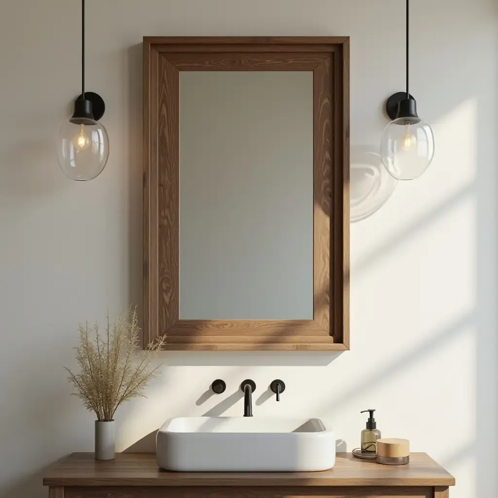 a photo of a rustic wooden mirror frame in a bathroom