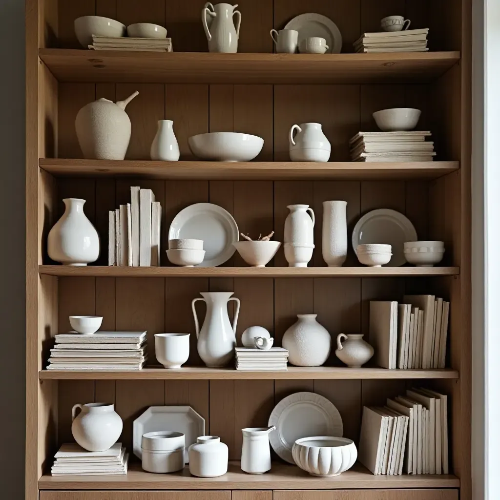 a photo of a bookshelf with a curated collection of handmade pottery