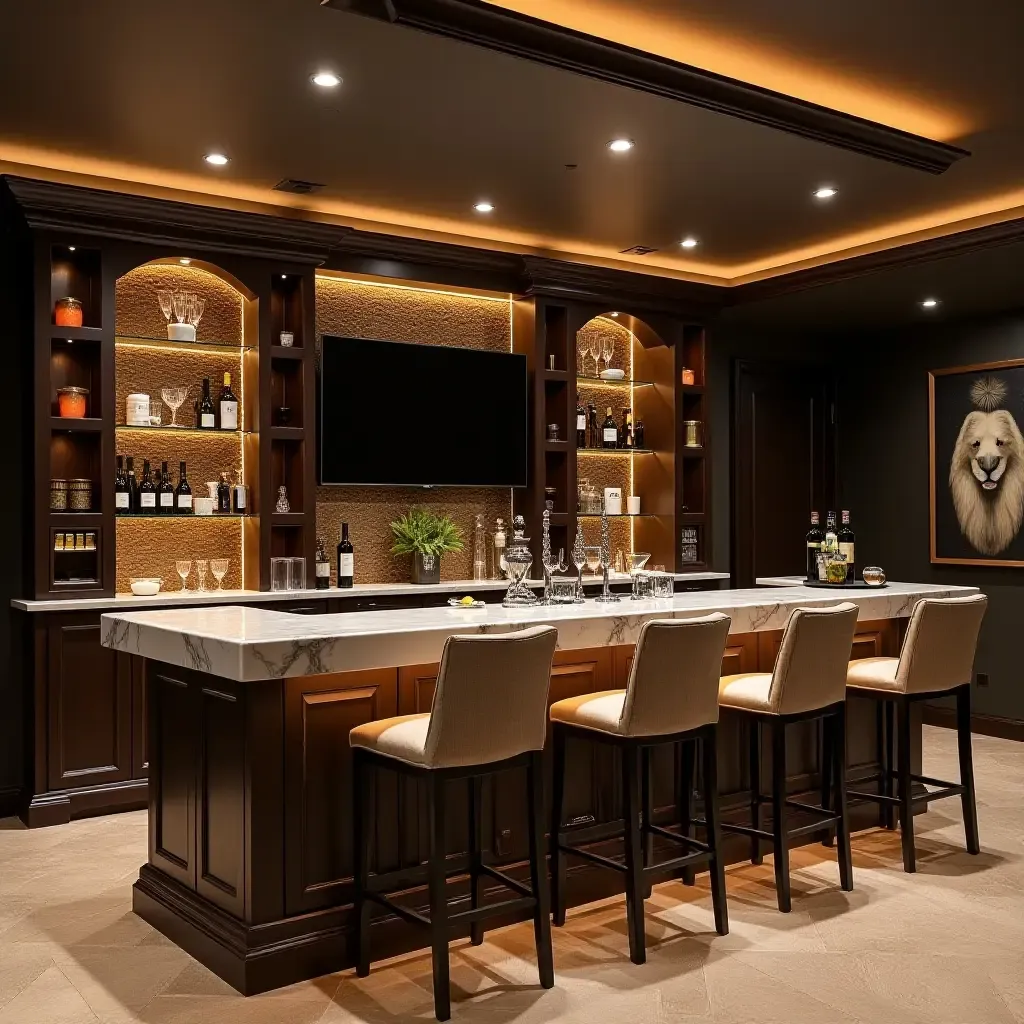 a photo of a luxurious basement bar with a stylish countertop and decor