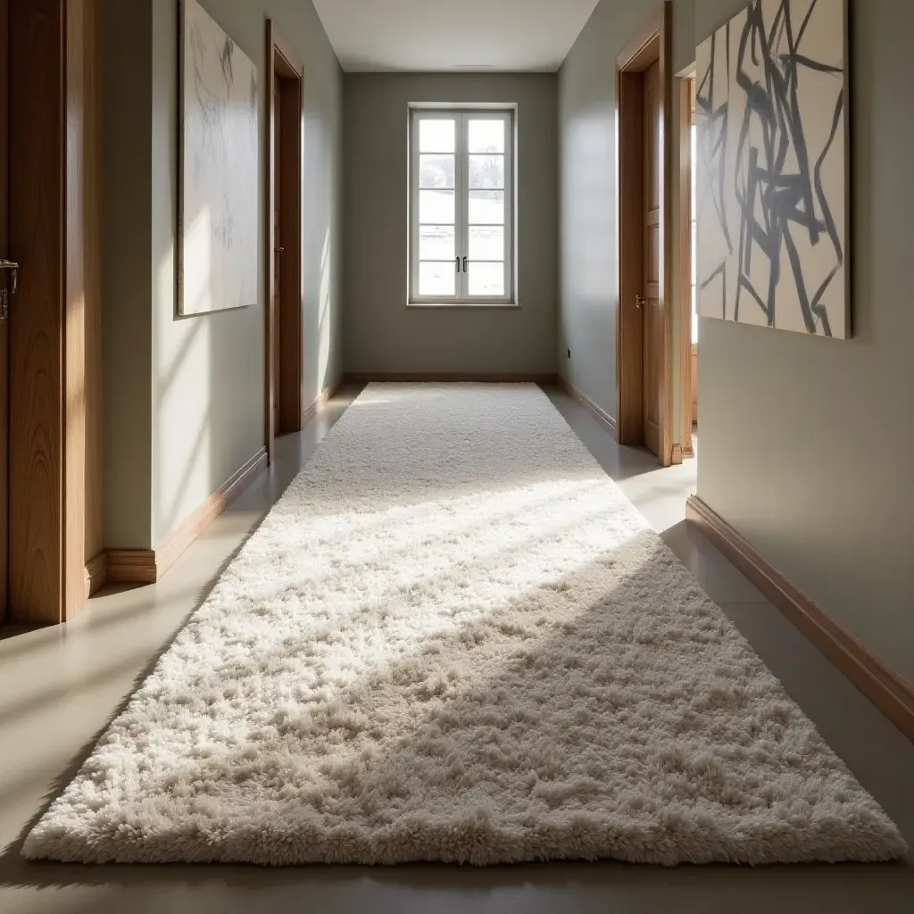 a photo of a luxurious shag rug in a contemporary corridor