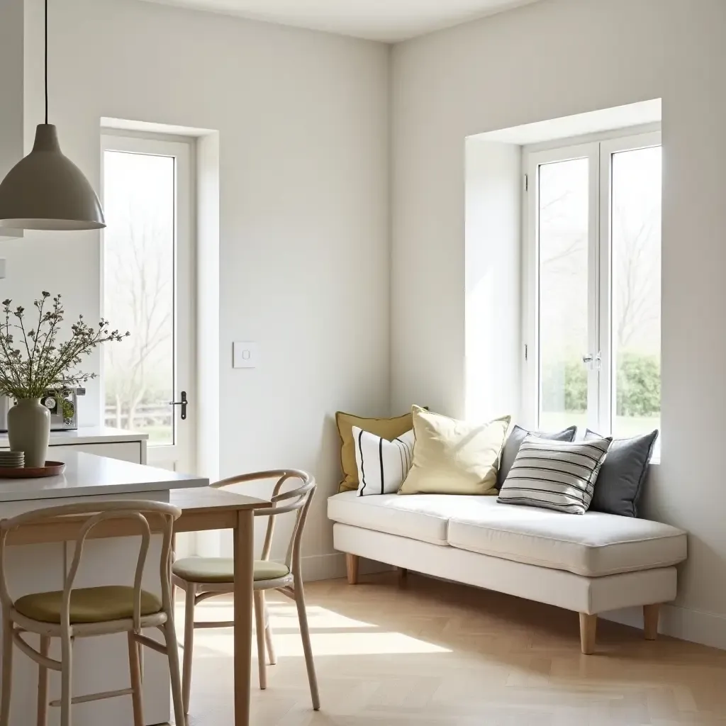 a photo of a bright kitchen with a breakfast nook and light textiles