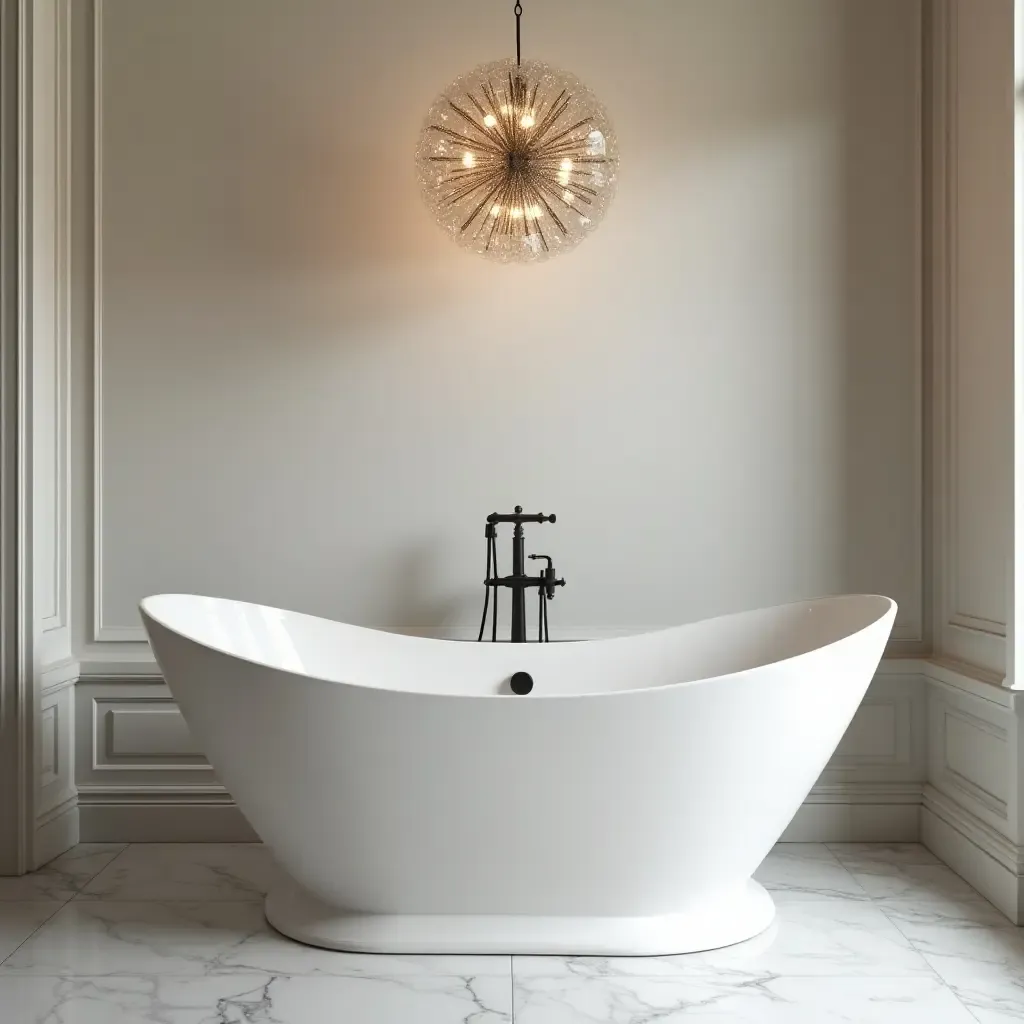 a photo of a freestanding tub with a modern chandelier above it