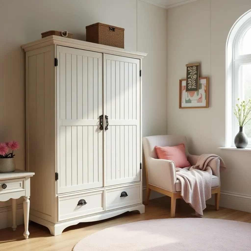 a photo of a trendy kids&#x27; bedroom featuring a vintage wardrobe and playful decor