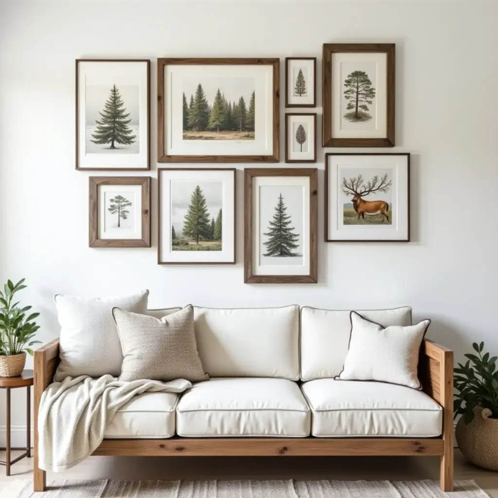 a photo of a rustic gallery wall using reclaimed wood frames and nature prints