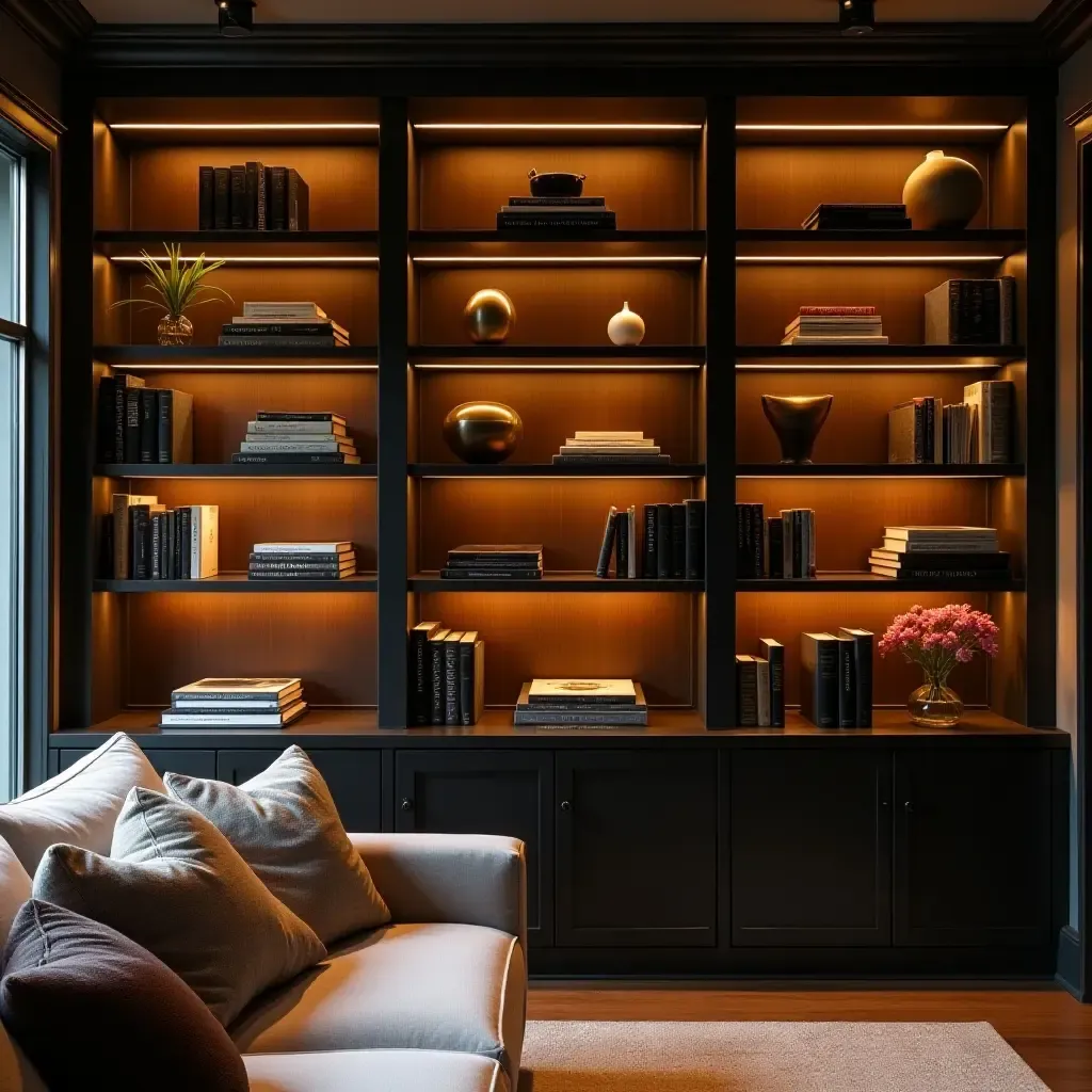 a photo of a built-in bookcase with integrated lighting for a dramatic effect