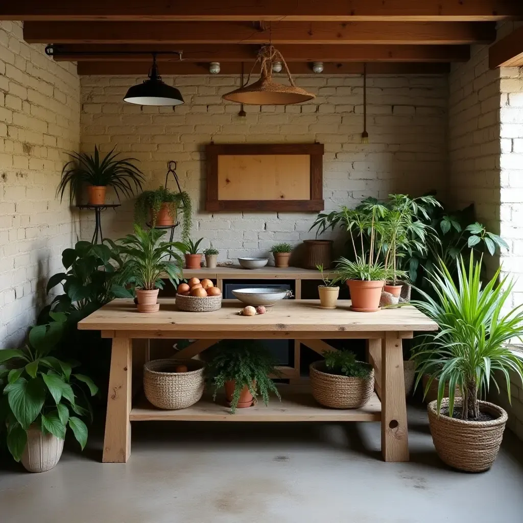 a photo of a basement with a rustic wooden table and plants