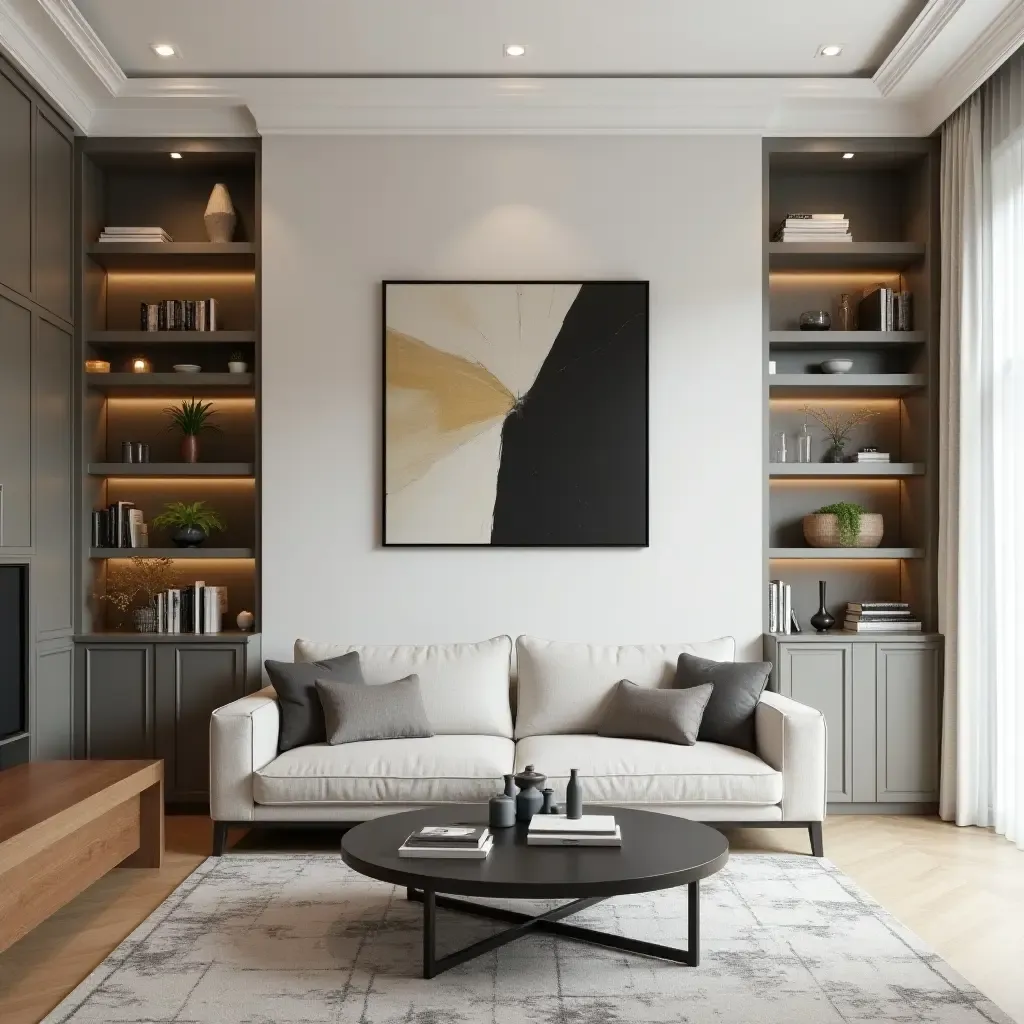 a photo of a modern living room with open shelves and a statement piece art