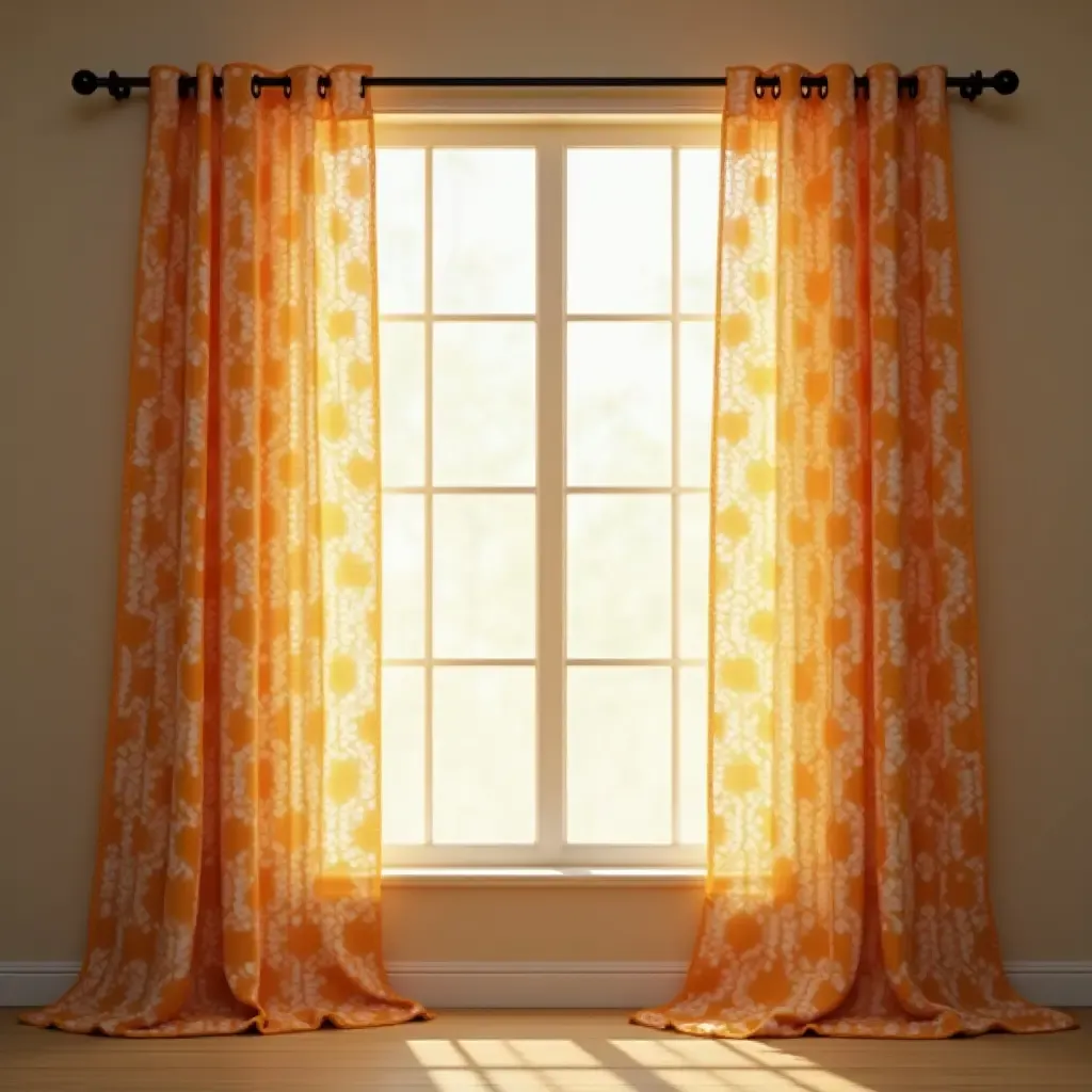 a photo of a cheerful patterned curtain framing a sunny window