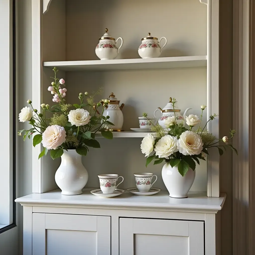 a photo of a balcony shelf with an elegant tea set and floral arrangements