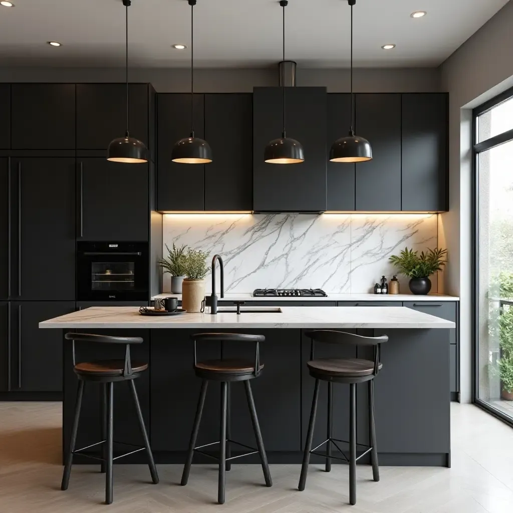 a photo of a stylish kitchen with black and white industrial decor