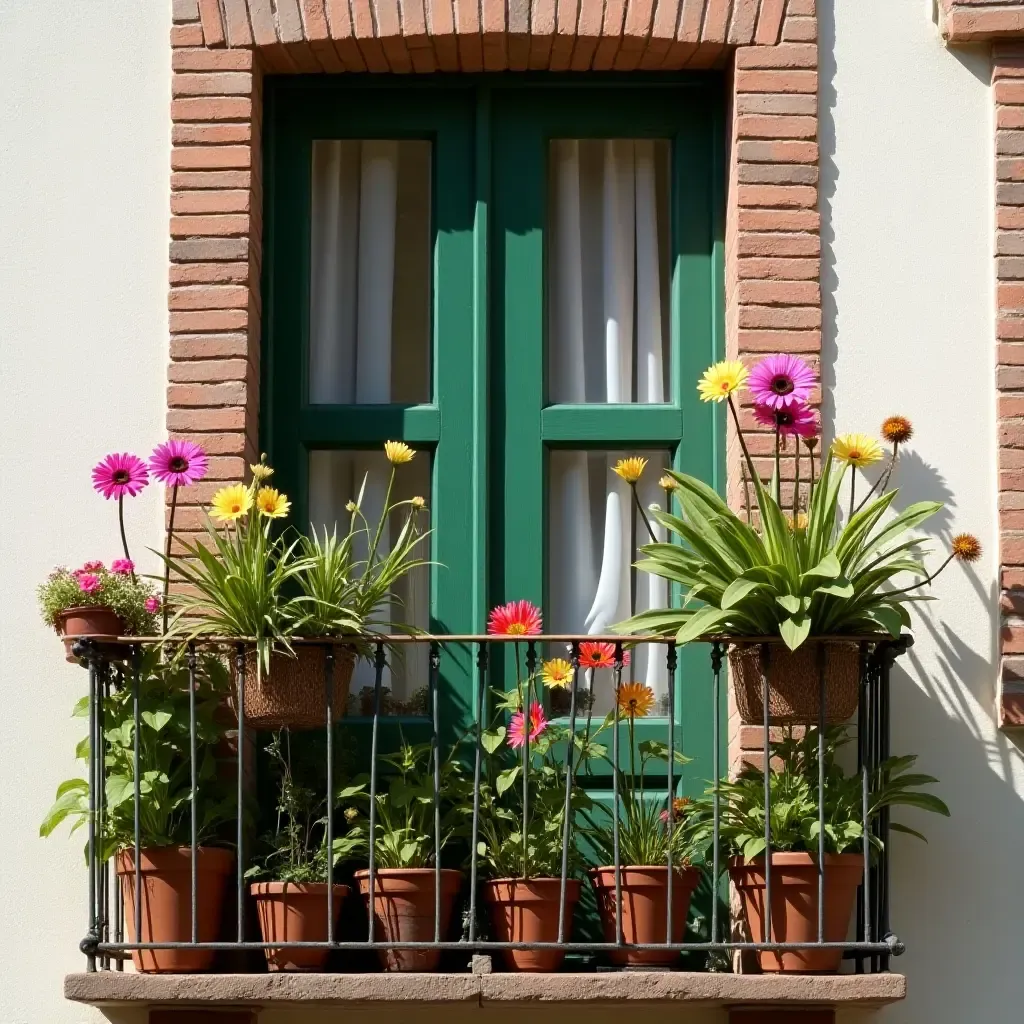 a photo of a balcony adorned with colorful garden art and plants