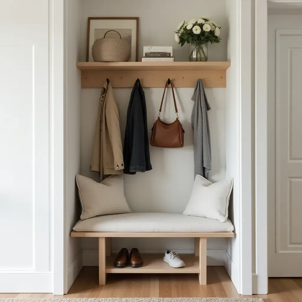 a photo of a narrow, wall-mounted bench with hooks for coats in a small space entryway