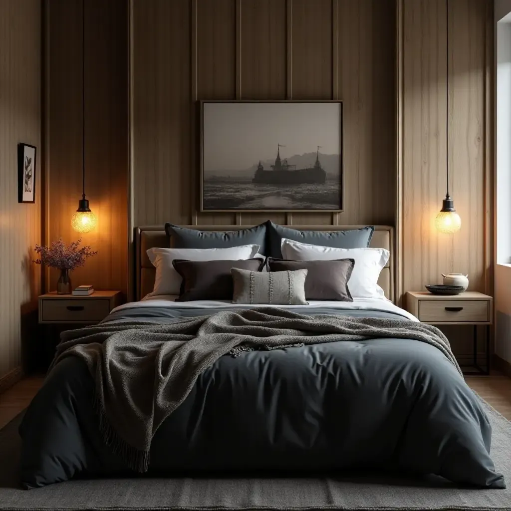 a photo of a serene bedroom with a plush dark bedspread and decorative pillows