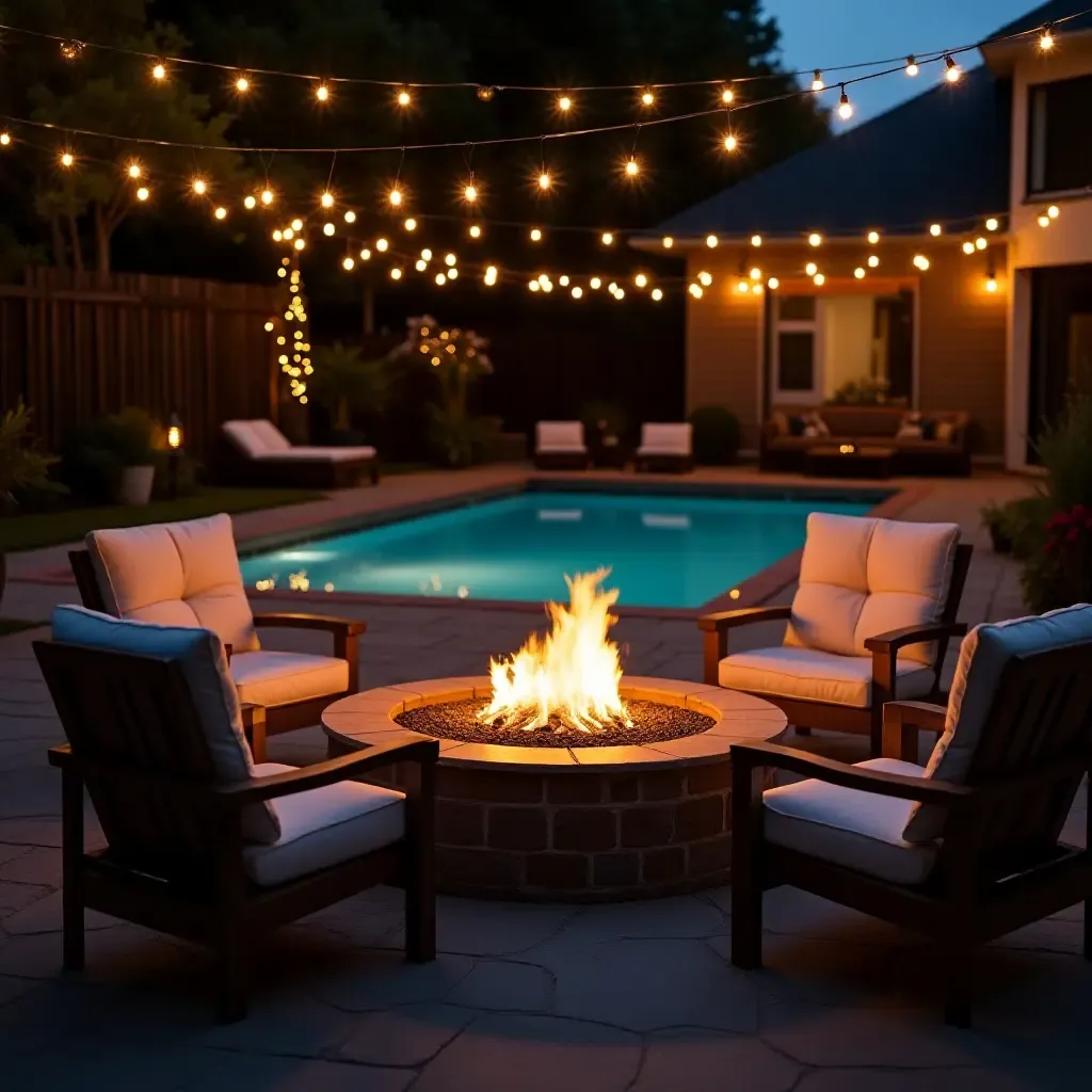 a photo of a cozy fire pit area beside the pool with string lights