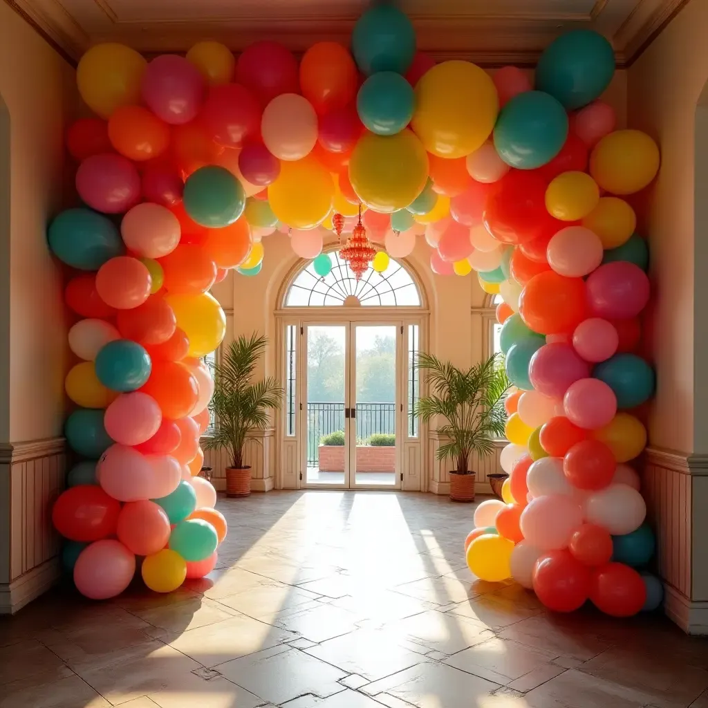 a photo of a vibrant entrance hall adorned with colorful balloons and whimsical decor