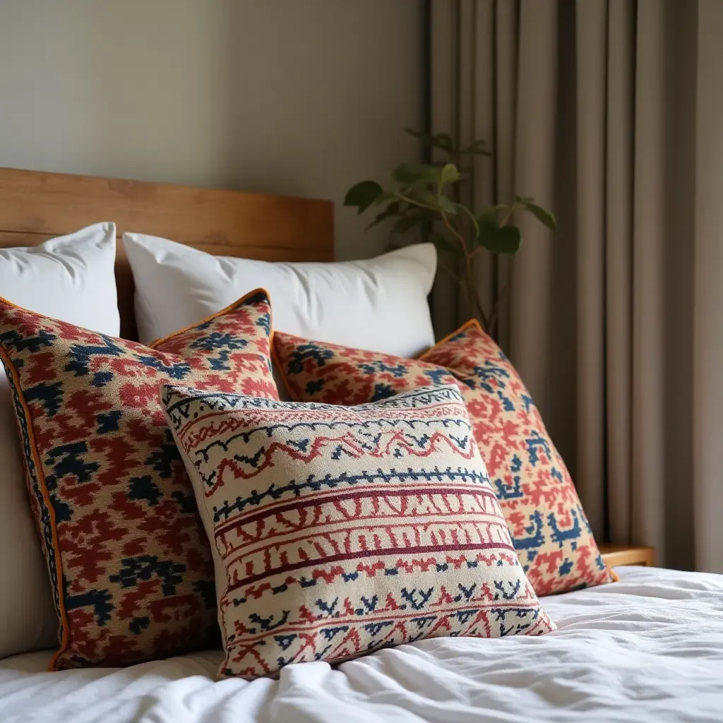 a photo of a bohemian-style bedroom with patterned throw pillows