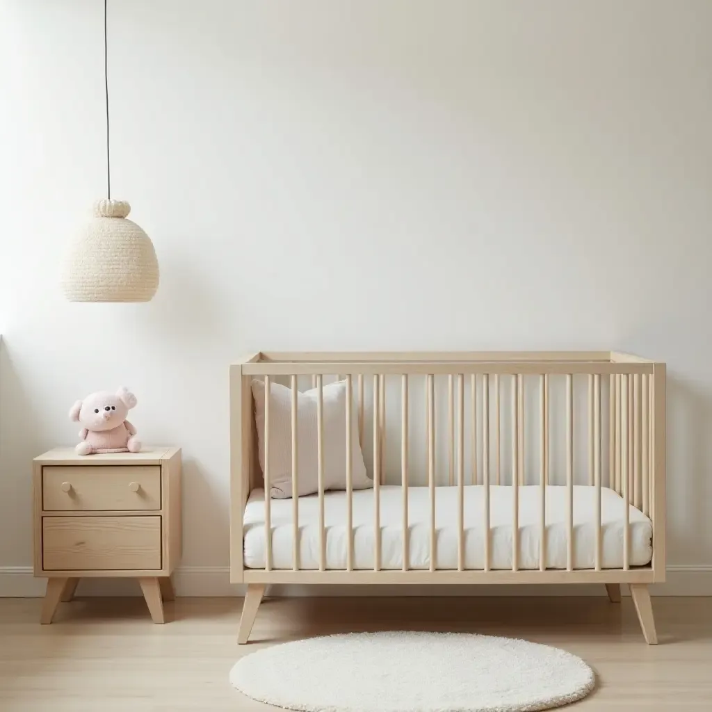 a photo of a modern crib next to a vintage side table