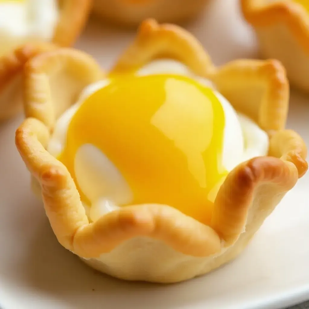 a photo of phyllo dough nests holding poached eggs and hollandaise sauce.