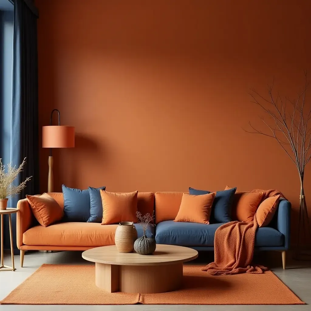 a photo of a warm orange and navy color palette in decor