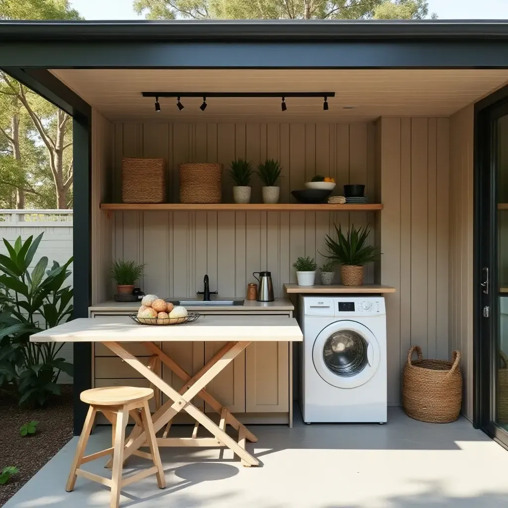 a photo of an outdoor laundry area featuring a modern folding table and seating