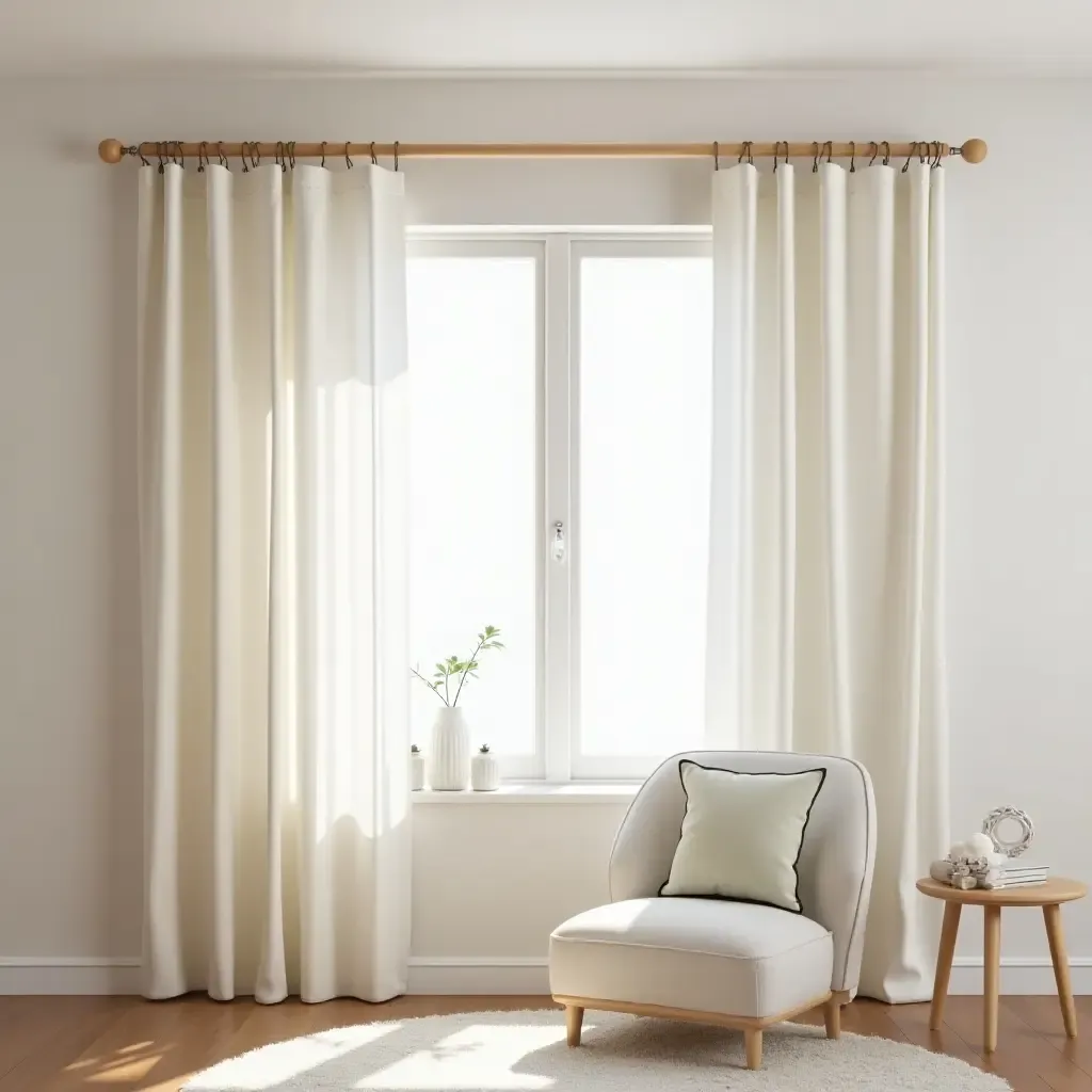 a photo of a nursery featuring wooden curtains and rods