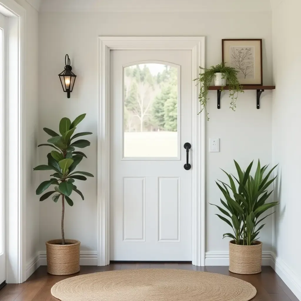 a photo of a farmhouse-style entryway with a decorative wall shelf and plants