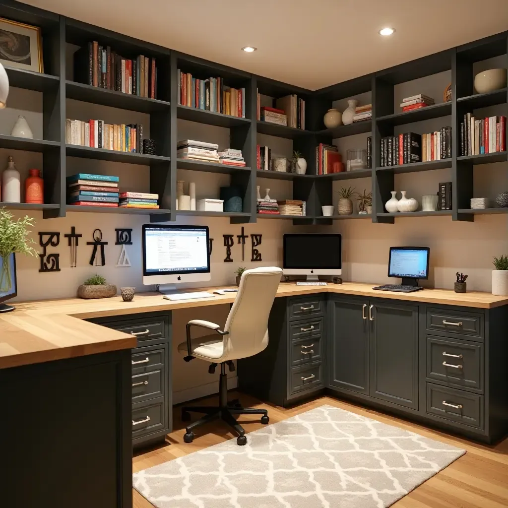 a photo of a stylish basement craft room with organized supplies