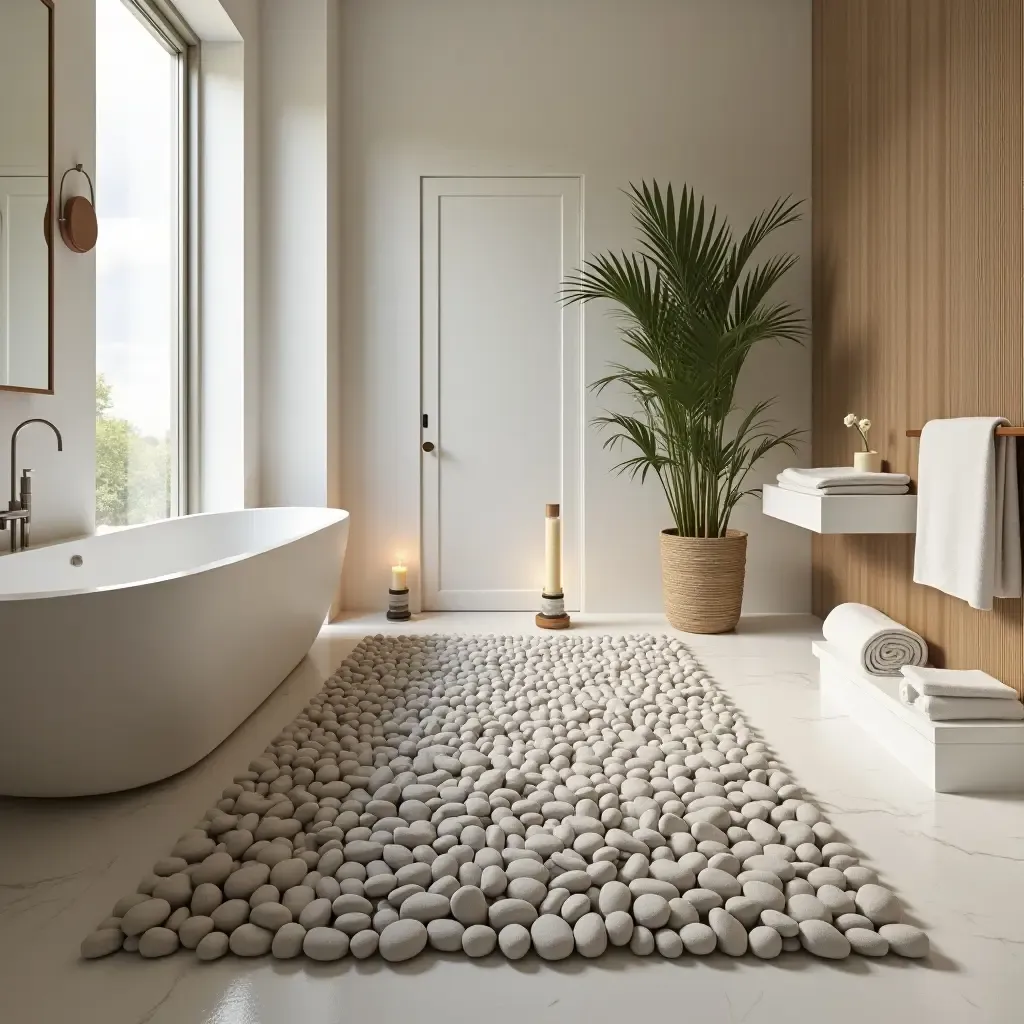 a photo of a spa-inspired pebble rug in a zen bathroom