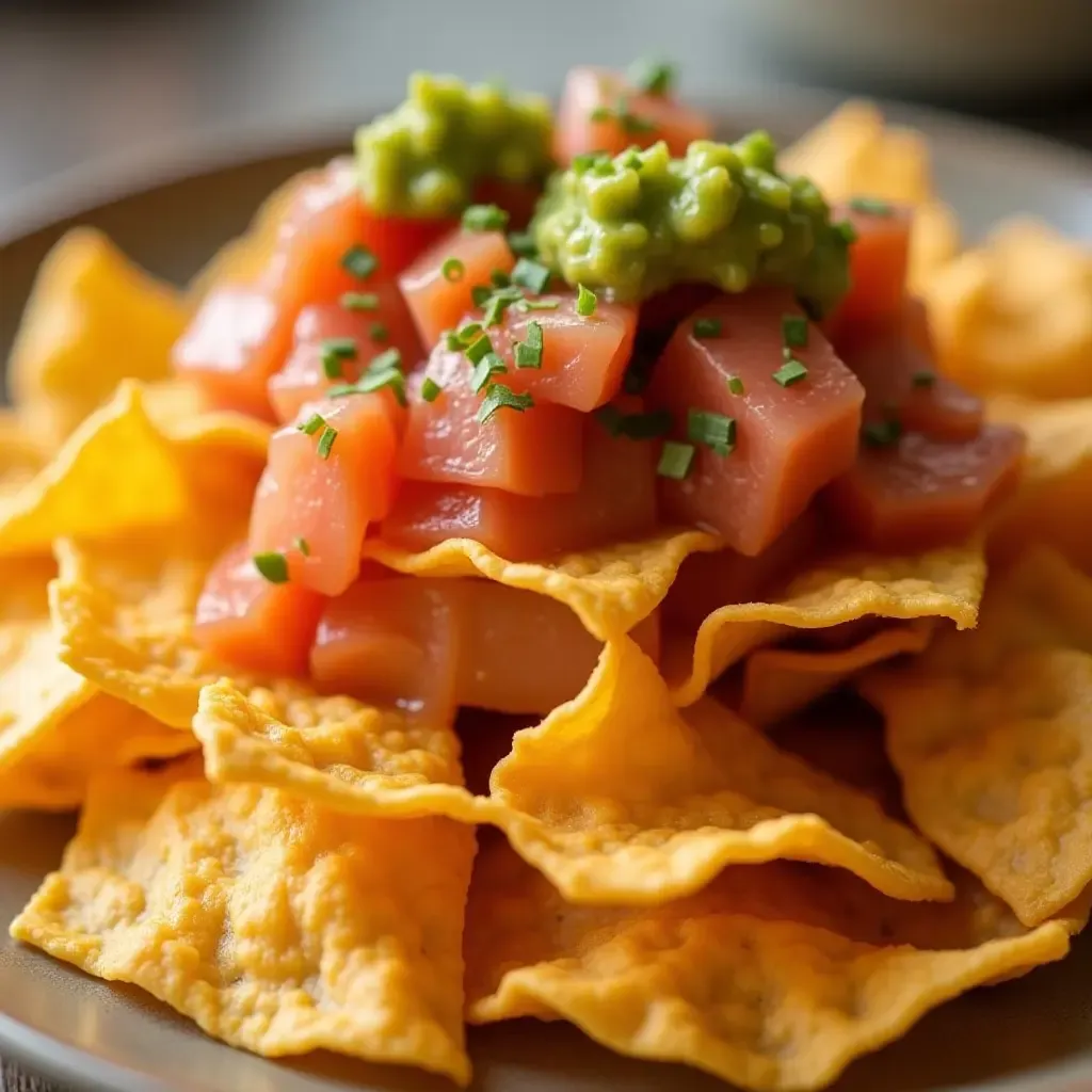 a photo of sushi nachos with crispy wonton chips, topped with spicy tuna and guacamole.