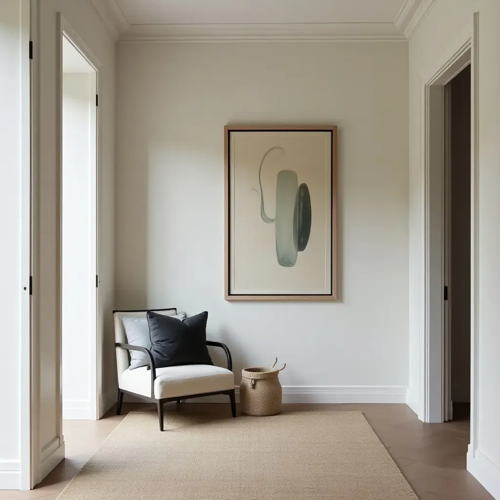 a photo of a chic entrance hall with contrasting throw pillows on a modern chair