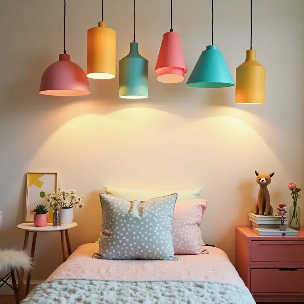 a photo of colorful DIY lampshades in a kids&#x27; bedroom