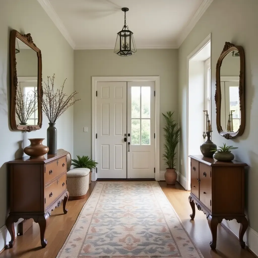 a photo of a vintage-inspired entrance hall with antique furniture and decor