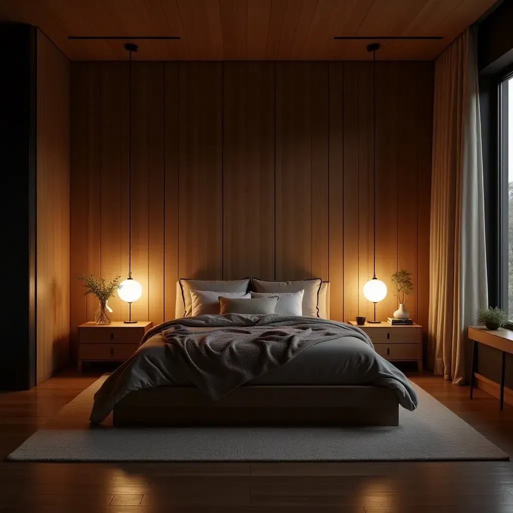 a photo of a cozy bedroom with dark wood furniture and soft, warm lighting