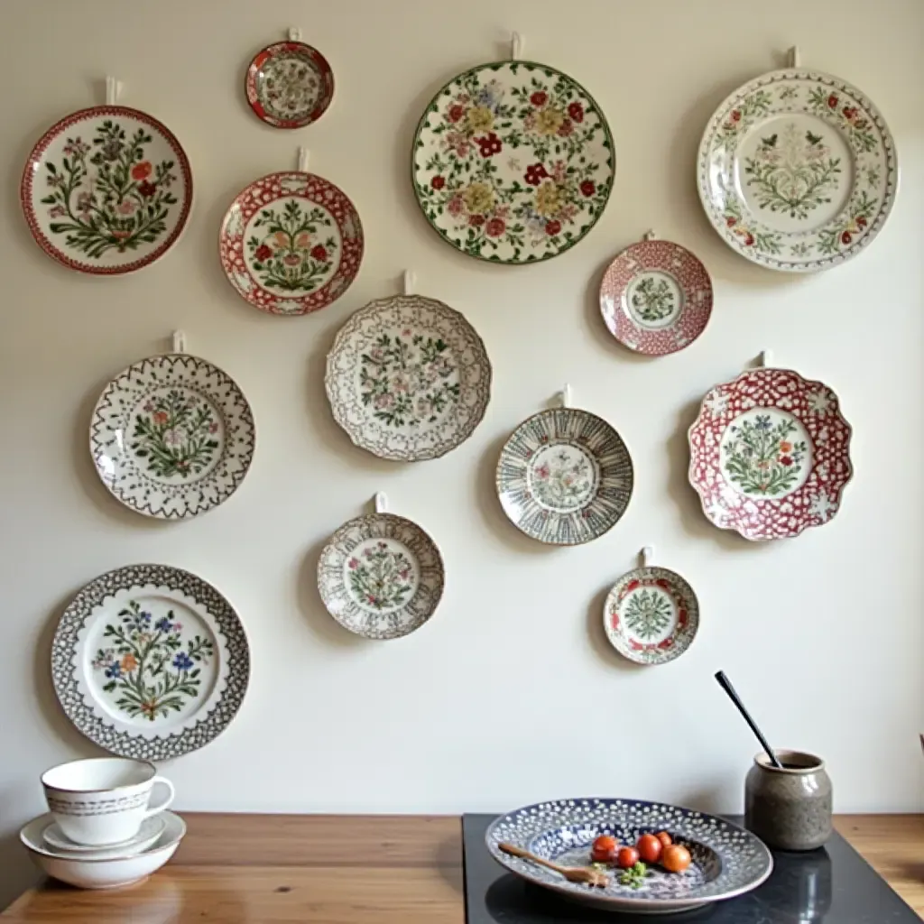 a photo of a collection of vintage plates hung on a kitchen wall