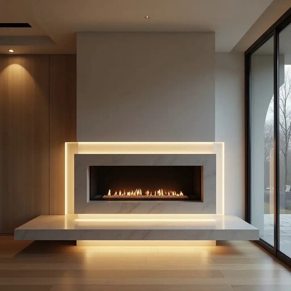 a photo of a floating fireplace surround with integrated lighting