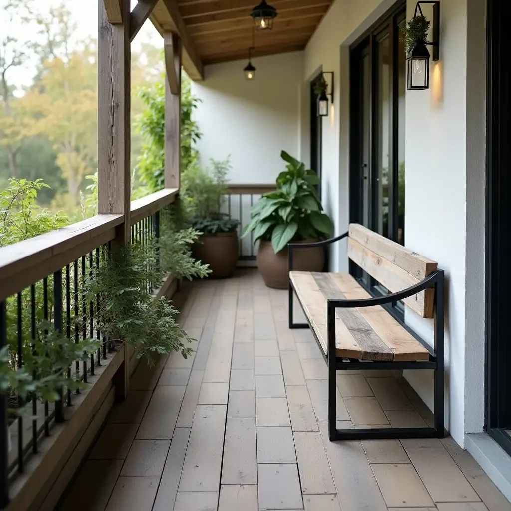 a photo of a balcony featuring a weathered wood bench and metal accents