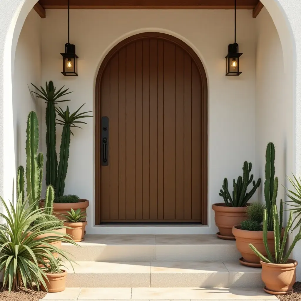 a photo of a welcoming entrance with a collection of cacti on a shelf