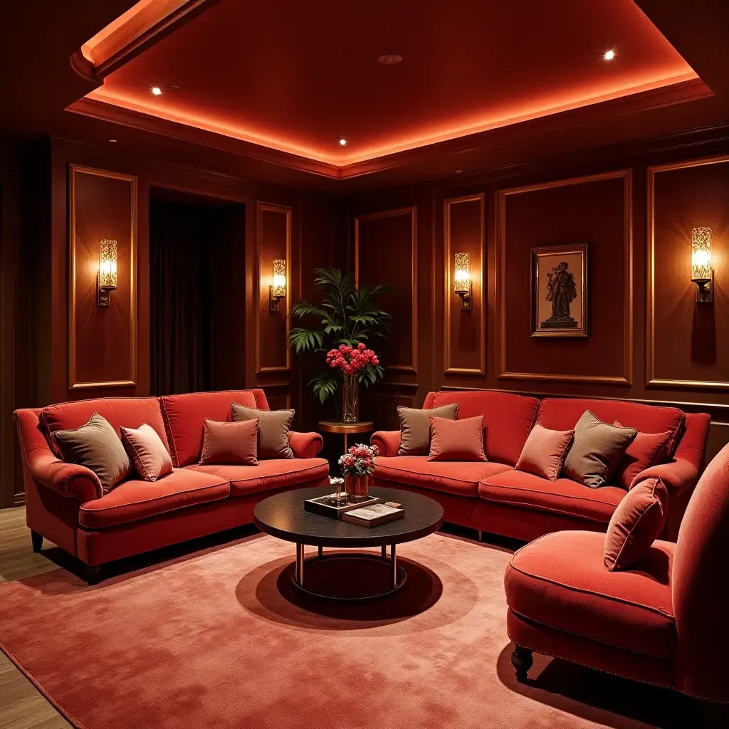 a photo of a glamorous basement lounge with velvet furniture and gold accents