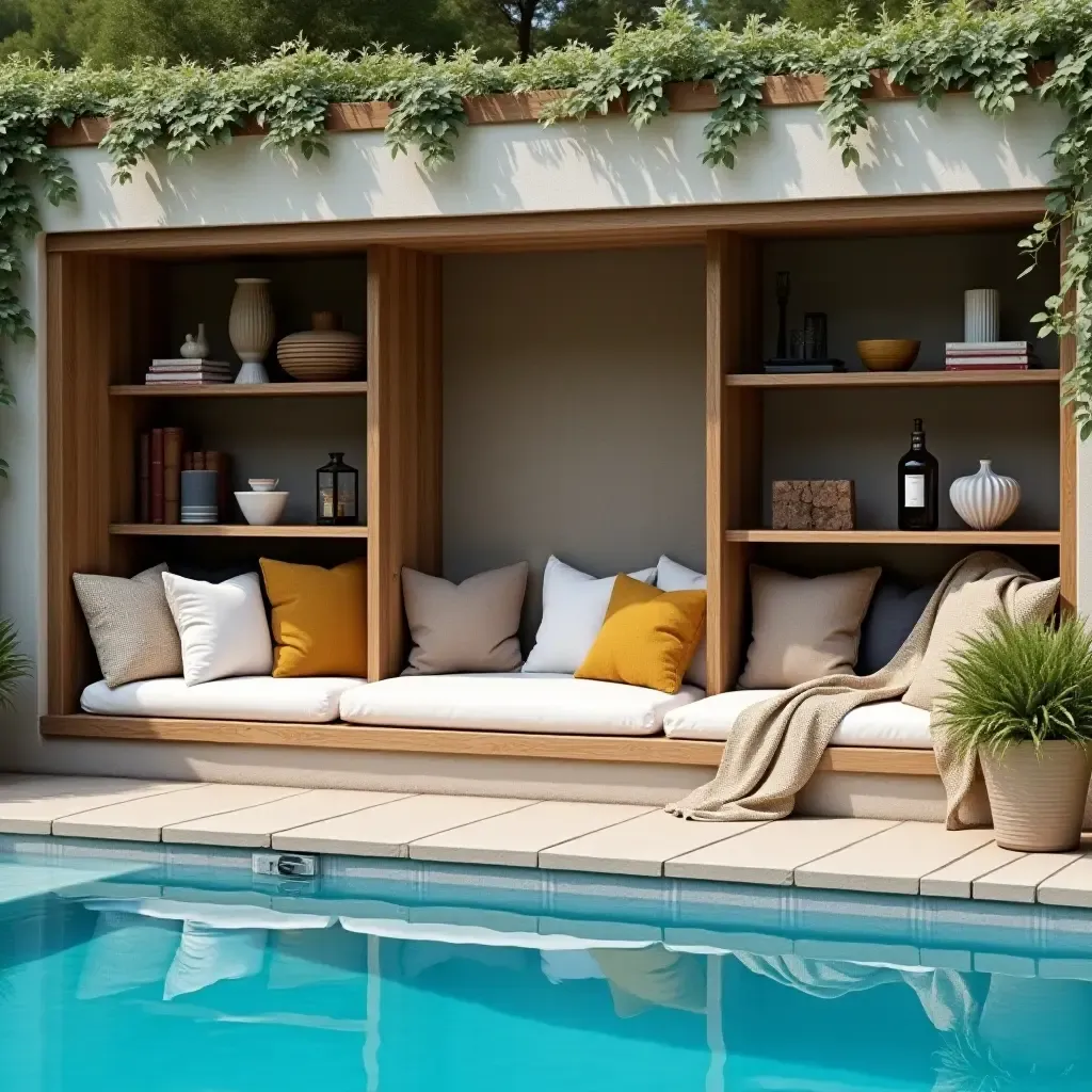 a photo of a cozy poolside shelving area with cushions and throws