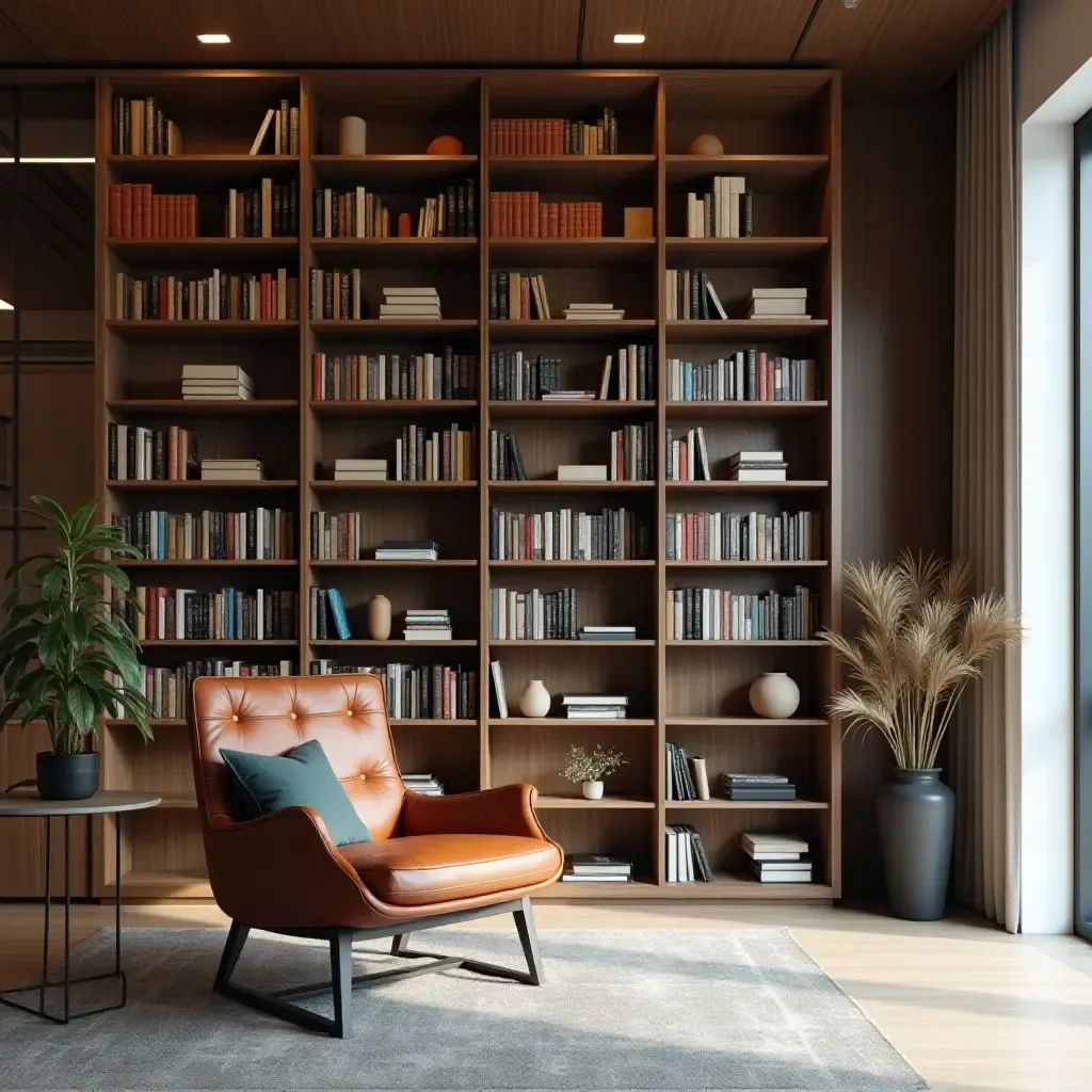 a photo of a library with a modern aesthetic and functional storage