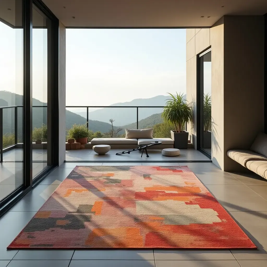 a photo of a rug featuring abstract art on a modern balcony