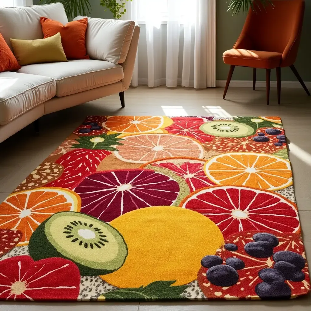 a photo of a rug featuring bright, oversized fruits for a cheerful touch